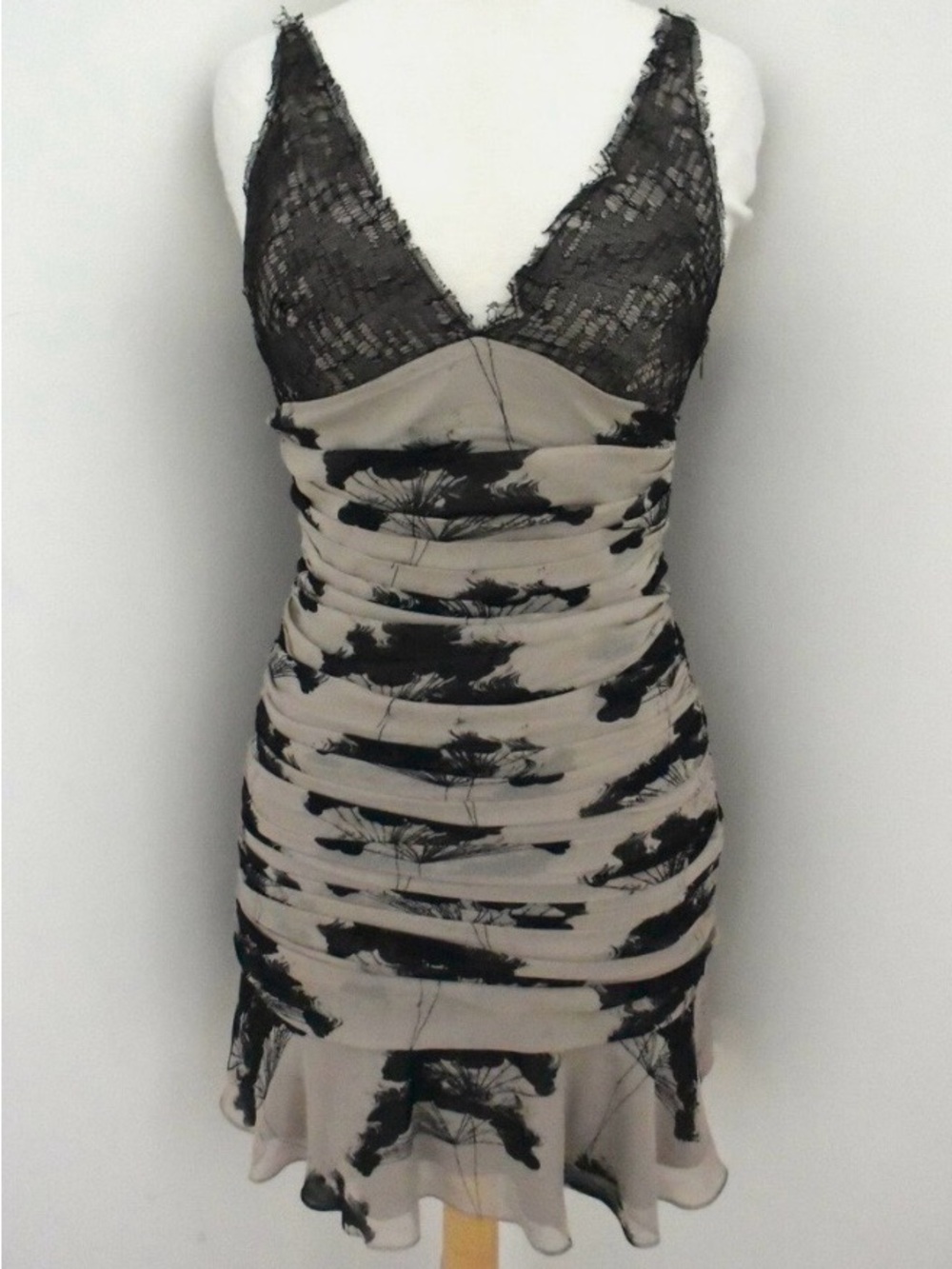 NWT Elizabeth and James Alita 100% Silk Ruched Lace Slip Dress Beige Black 2